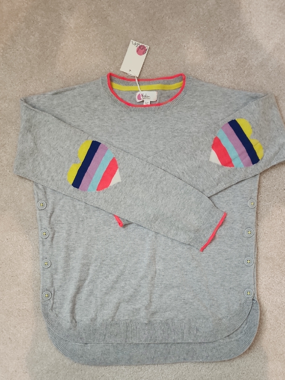 Boden Girls Gray Marl Knit Sweater with Neon Pink Contrast Trim